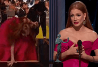 Jessica Chastain tropeça, cai em premiação e é comparada com Jennifer Lawrence