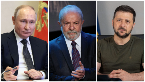 Vladimir Putin (esq.), Luiz Inácio Lula da Silva (centro), Volodymyr Zelensky (dir.)