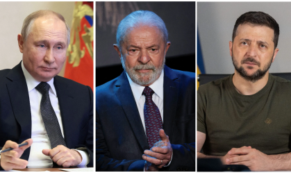 Vladimir Putin (esq.), Luiz Inácio Lula da Silva (centro), Volodymyr Zelensky (dir.)