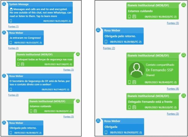 Troca de mensagens entre ministra do STF Rosa Weber e então governador do DF Ibaneis Rocha durante atos criminosos de 8 de janeiro. / Reprodução