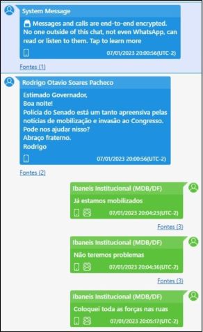 Troca de mensagens entre o então governador do DF, Ibaneis Rocha, e o presidente do Senado, Rodrigo Pacheco (PSD-MG), no dia anterior aos atos criminosos de 8 de janeiro. / Reprodução