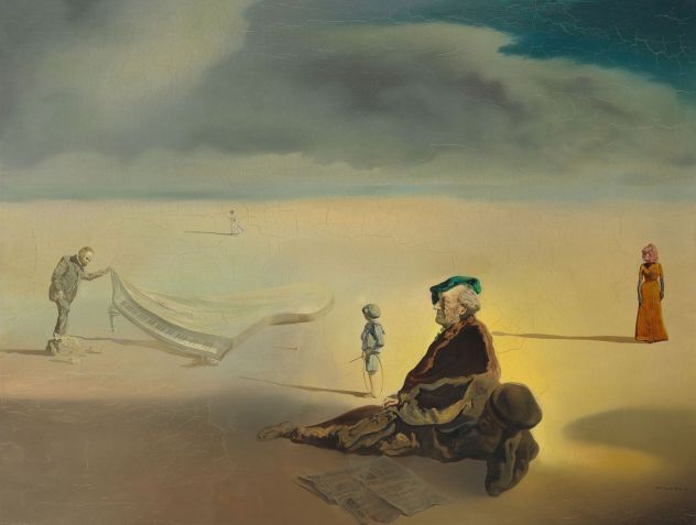 A superfície de "A Chemist Lifting with Extreme Precaution the Cuticle of a Grand Piano" tem uma área sombreada sob o piano onde a tinta é extraordinariamente lisa - o resto da pintura é estriado com craquelure / Art Institute of Chicago of Salvador Dalí