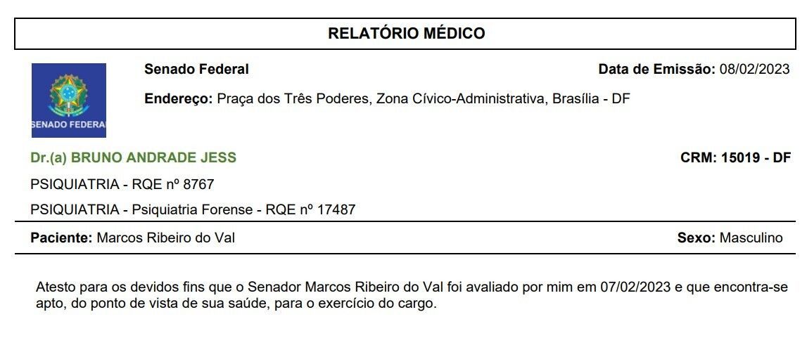 Laudo médico apresentado pelo senador Marcos do Val, atestando estar apto para o exercício do cargo. / Reprodução