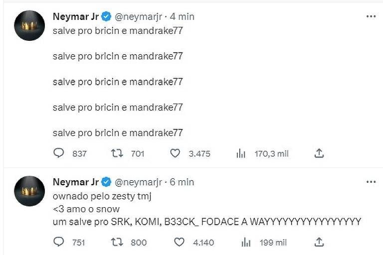Tuítes exibidos no perfil de Neymar após invasão / Reprodução/Twitter
