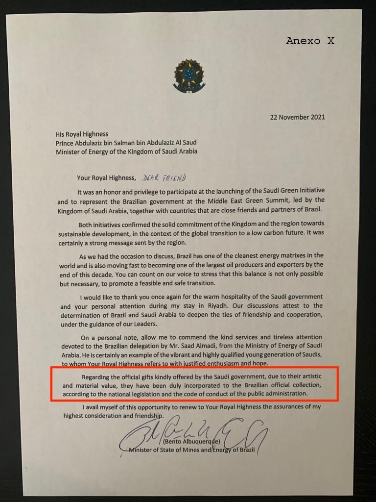 Documento enviado pelo então ministro de Minas e Energia, Bento Albuquerque, ao governo da Arábia Saudita sobre as joias recebidas / Reprodução