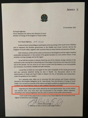 Documento enviado pelo então ministro de Minas e Energia, Bento Albuquerque, ao governo da Arábia Saudita sobre as joias recebidas / Reprodução