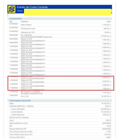 Comprovante de saques feitos por vítima / Reprodução