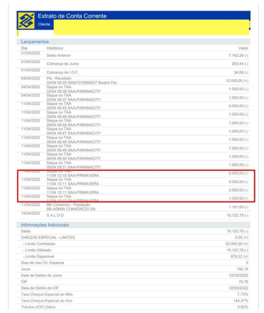 Comprovante de saques feitos por vítima / Reprodução