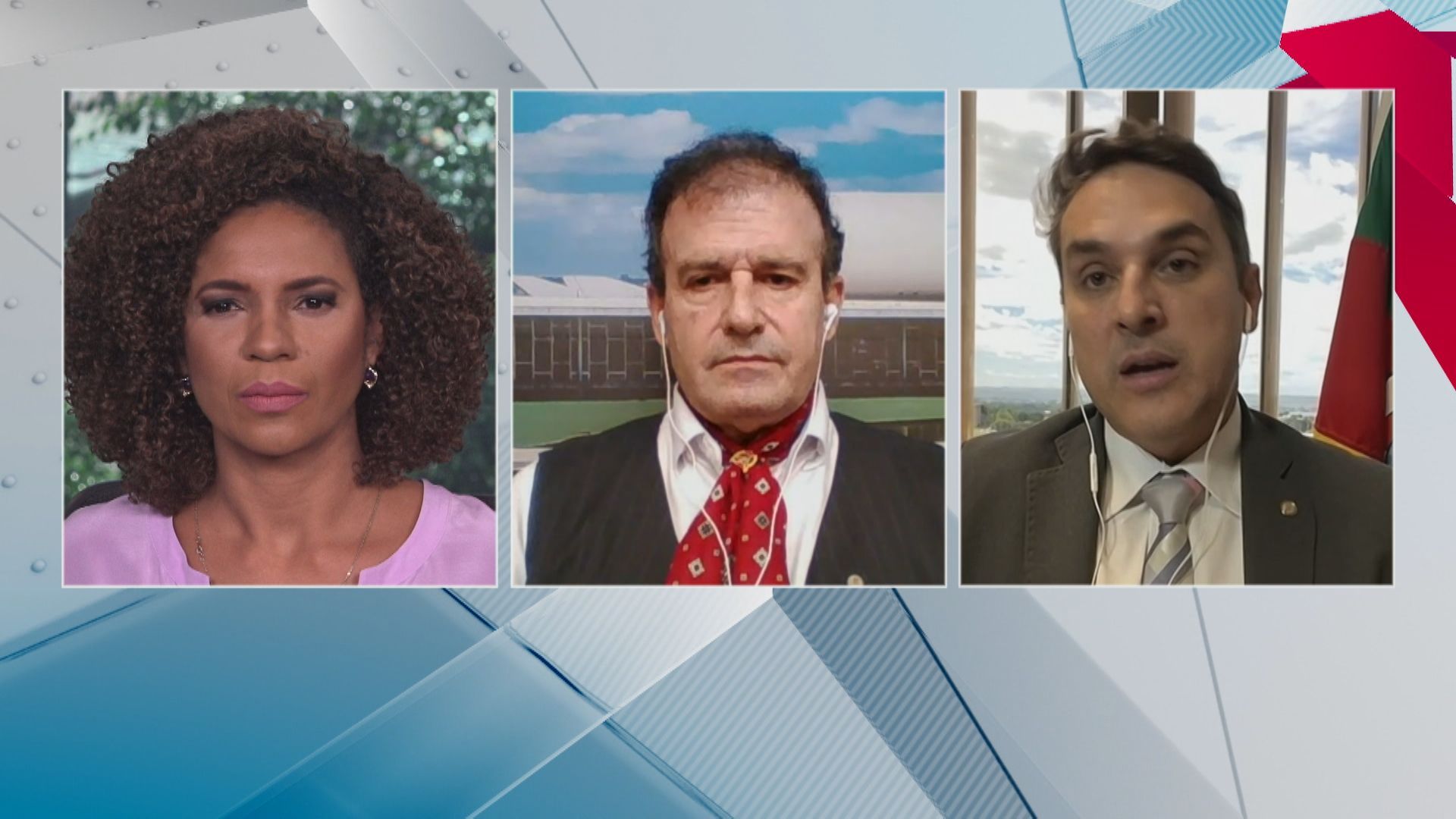 Deputados federais Pompeo de Mattos (PDT-RS) e Tenente-Coronel Zucco (Republicanos-RS) em participação no Painel CNN, sob mediação da âncora Luciana Barreto