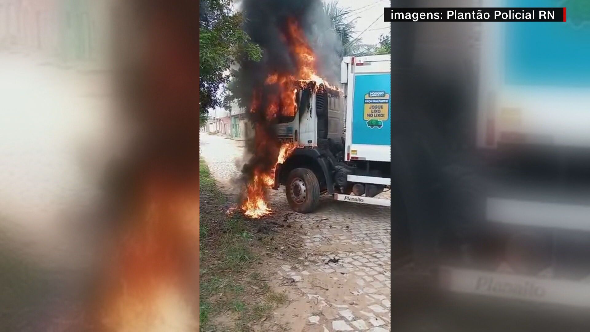 Em Mossoró, homem registrou um caminhão de coleta de lixo incendiado / Reprodução