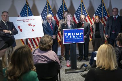 WASHINGTON, UNITED STATES - NOV 19: Jenna Ellis, a legal advisor to President Donald Trump, speaks during a news conference with Rudy Giuliani, lawyer for U.S. President Donald Trump, about lawsuits contesting the results of the presidential election at the Republican National Committee headquarters in Washington, D.C., on Thursday Nov. 19, 2020