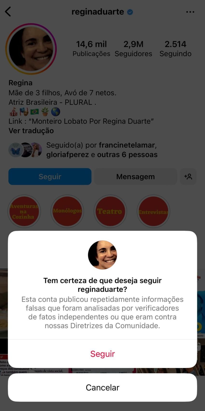 Mensagem aparece após usuário apertar o botão de seguir o perfil de Regina Duarte no Instagram / Reprodução