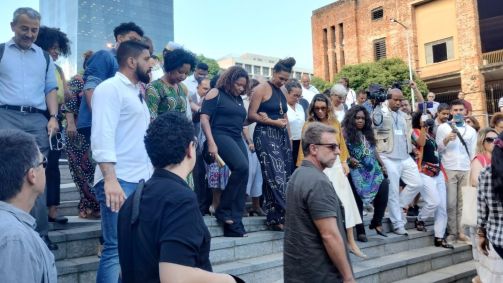 Primeira-dama Janja Lula da Silva e as ministras da Cultura, Margareth Menezes, e da Igualdade Racial, Anielle Franco, visitaram o Cais do Valongo, no Centro do Rio de Janeiro
