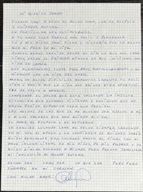 Carta de Daniel Alves para a ex-esposa Joana Sanz / Reprodução