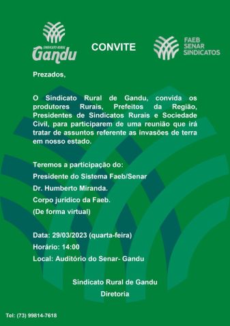 Comunicado enviado pelo Sindicato Rural de Gandu sobre invasões do MST / Reprodução