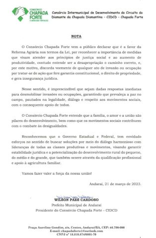 Nota divulgada pelo consórcio Chapada Forte sobre invasões do MST na Bahia / Reprodução