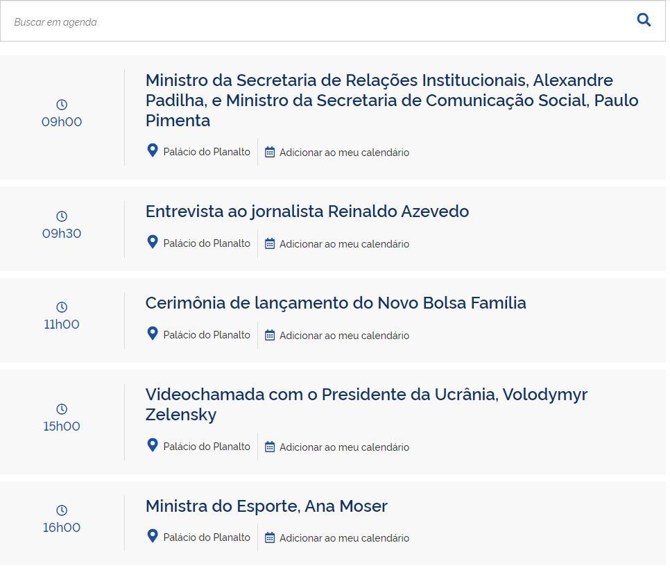 Agenda presidencial do dia 2 de março deste ano não inclui a reunião de Lula com os militares / Reprodução