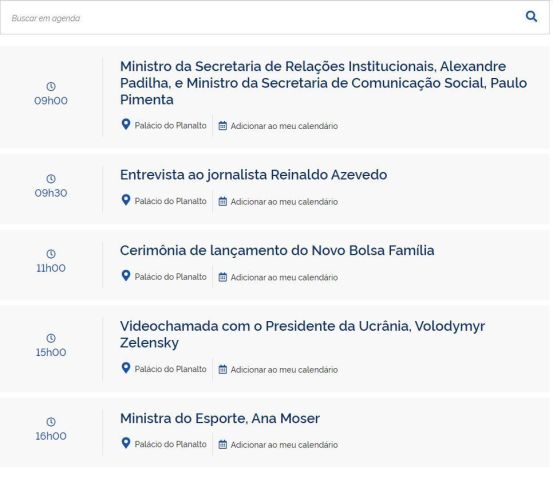 Agenda presidencial do dia 2 de março deste ano não inclui a reunião de Lula com os militares / Reprodução