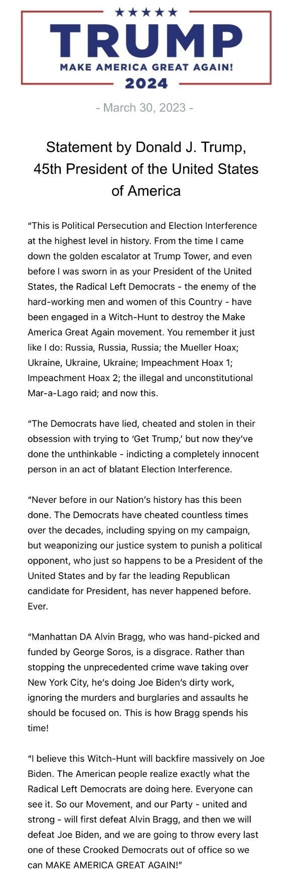 Nota divulgada pelo ex-presidente Donald Trump após ter sido acusado formalmente de crime / Reprodução/redes sociais