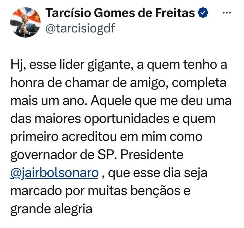 Declaração de Tarcísio de Freitas sobre o aniversário de Jair Bolsonaro / Reprodução/Twitter