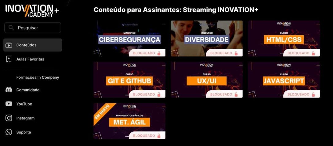 / Ilustração da tela de conteúdos do Streaming Inovation Academy – Camada Paga R$ 49,90/Mês