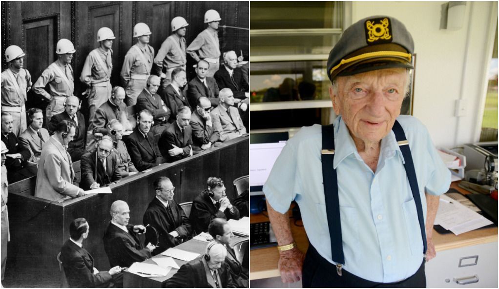 À esquerda, os réus nazistas dos julgamentos de Nuremberg. À direita, Ben Ferencz, promotor dos julgamentos, morto nesta sexta (7).