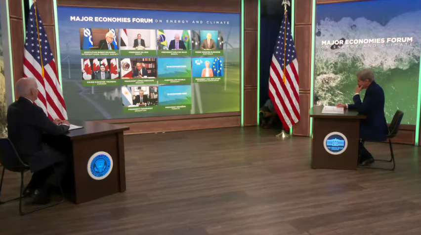 Biden anunciou contribuição dos EUA ao Fundo Amazônia em reunião do Fórum das Grandes Economias sobre Energia e Clima (MEF, na sigla em inglês), formado por 26 países, incluindo o Brasil. O presidente Luiz Inácio Lula da Silva (PT) também esteve presente no encontro virtual. / Reprodução