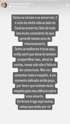 A influenciadora publicou um texto no Instagram comunicando os fãs e seguidores / Foto: Reprodução/Instagram/@marianagoldfarb
