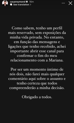 Ator se pronuncia sobre o término de seu casamento / Foto: Reprodução/Instagram/@cauareymond