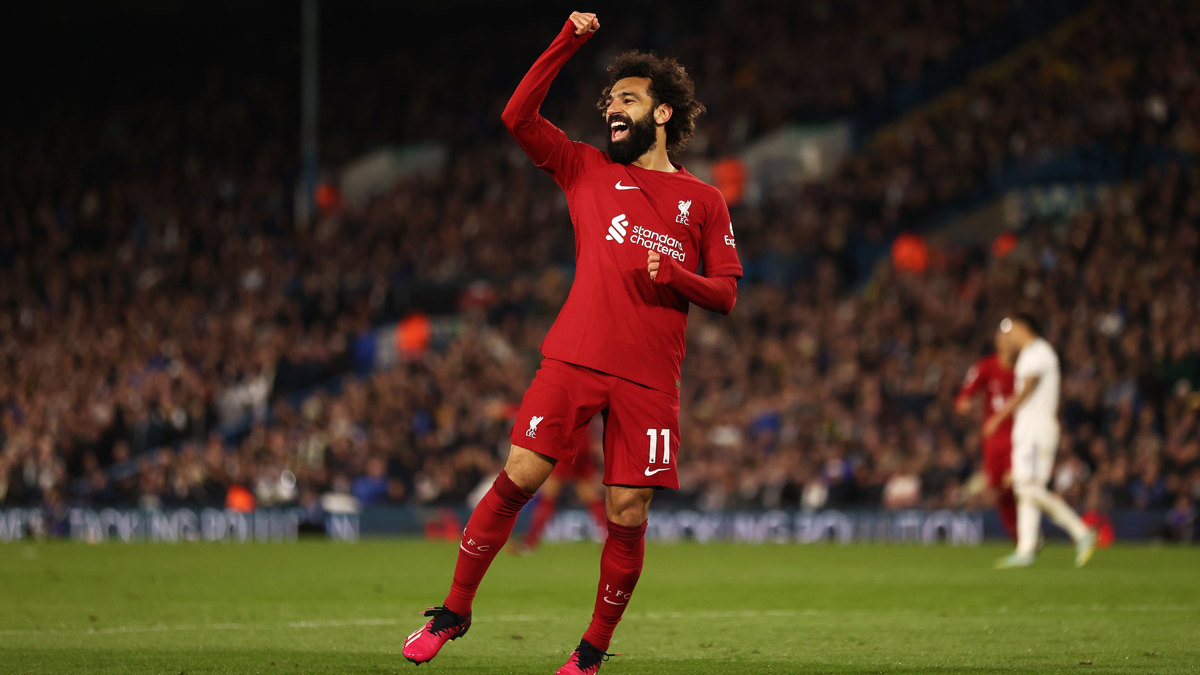 Salah comemora um dos gols que marcou sobre o Leeds