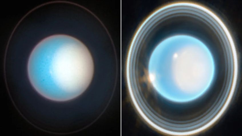 Montagem compara imagens captadas pelo Hubble (à esq.) e James Webb / Nasa