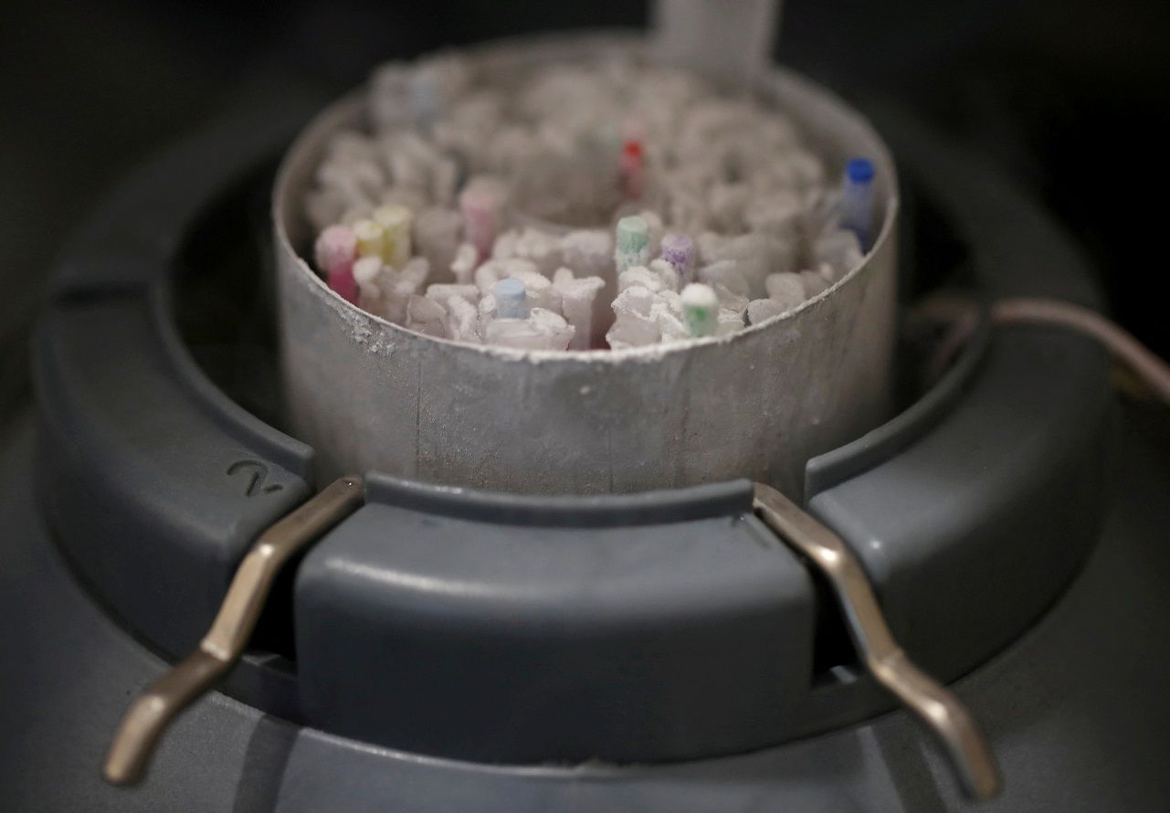 Frascos com esperma congelado dentro de recipiente congelado em laboratório em Paris