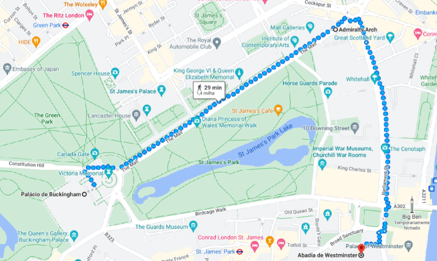 Simulação de caminhada a pé pelo Google Maps de trajeto semelhante ao que será feito pela "Procissão do Rei" na coroação de rei Charles III, em 6 de maio. / Google Maps