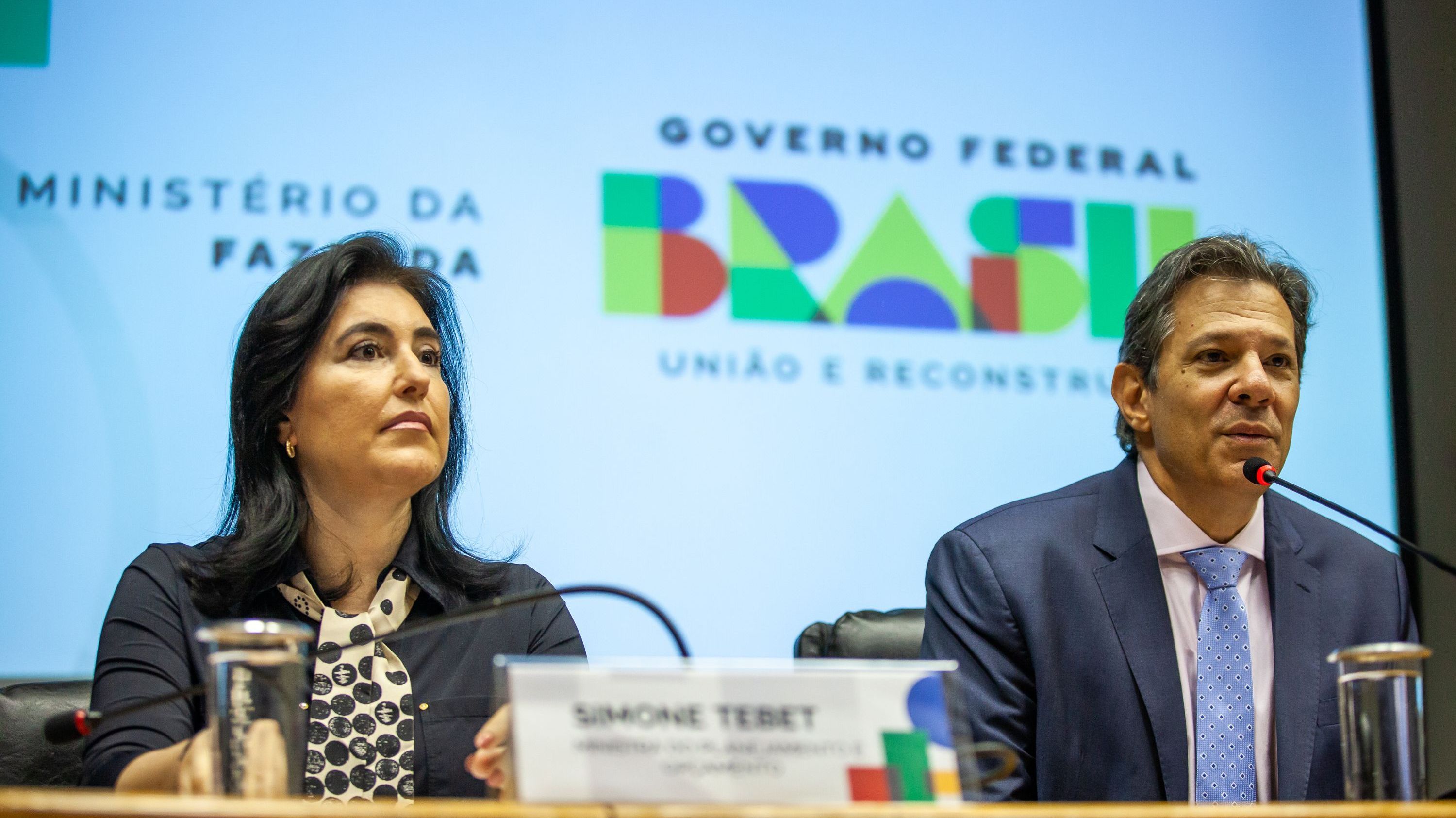 Simone Tebet, ministra do Planejamento, e Fernando Haddad, ministro da Fazenda