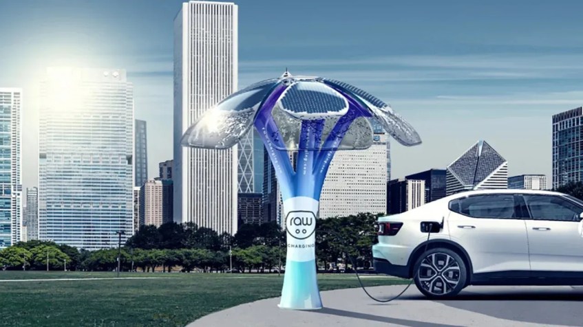 A SolarBotanic Trees fez parceria com a RAW Charging para fornecer árvores de marca compartilhada (mostrada aqui em uma renderização) como parte de uma rede de locais de carregamento de veículos elétricos / Divulgação/RAW Charging