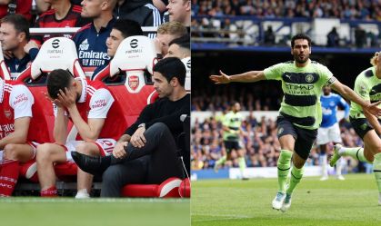 De um lado, a decepção do Arsenal; do outro, a alegria de Gundogan, do Manchester City
