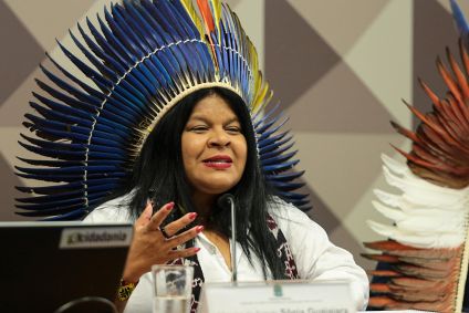 A ministra Sonia Guajajara durante sessão na Comissão dos Direitos Humanos da Câmara
