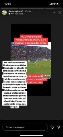 O zagueiro Thiago Spice defende a arbitragem após cometer pênalti polêmico / Reprodução/Redes Sociais