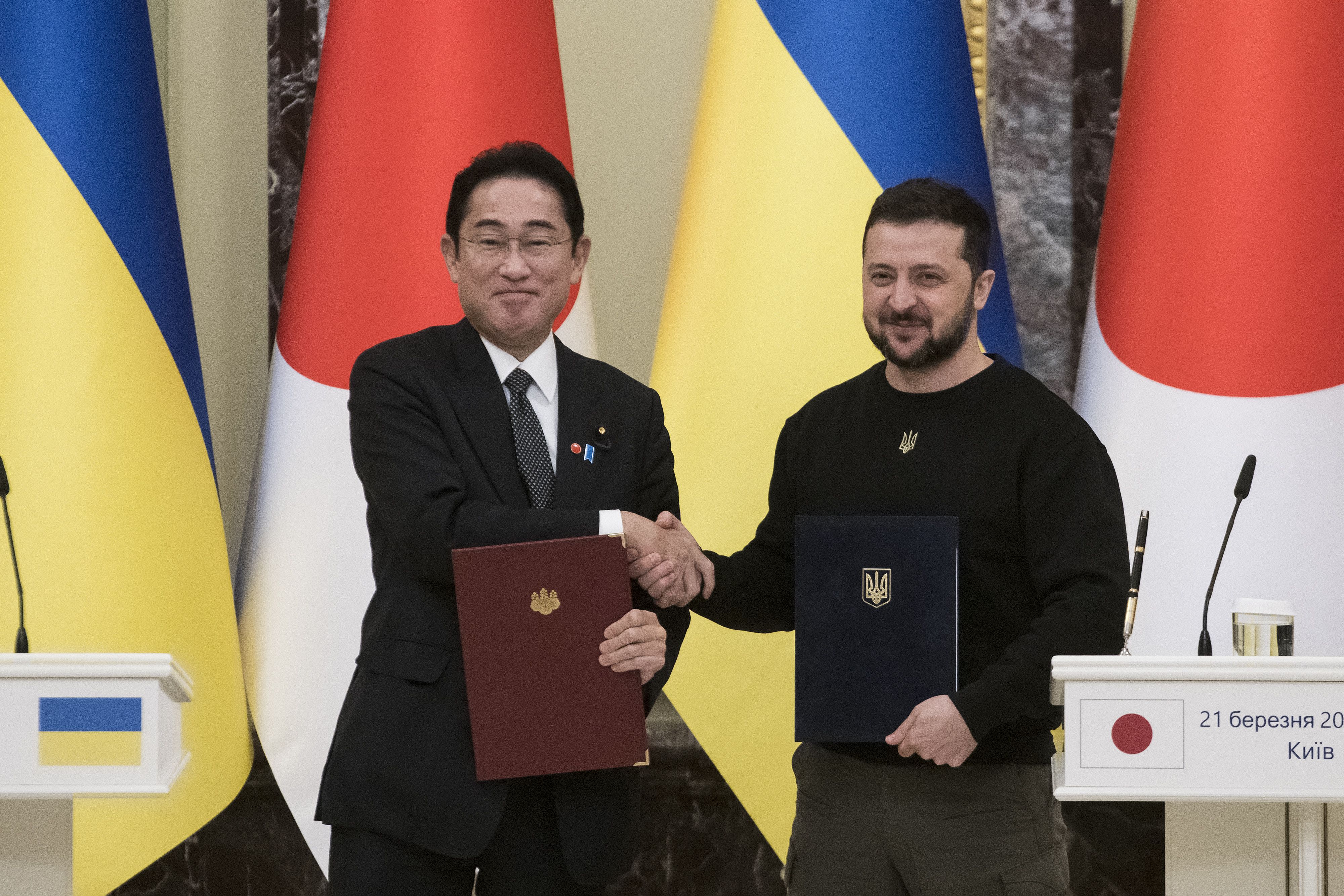Ukraine's President Volodymyr Zelenskiy And Japanese Prime Minister Fumio Kishida During News Conference