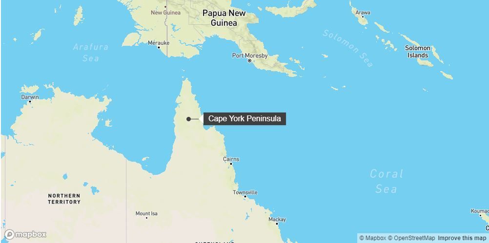 Região onde o ataque de crocodilo aconteceu, na Austrália. / Mapbox