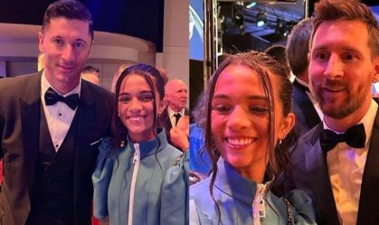 Rayssa tirou fotos com Robert Lewandowski e Lionel Messi