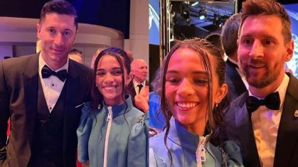Rayssa tirou fotos com Robert Lewandowski e Lionel Messi