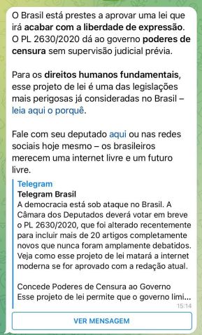 Telegram dispara mensagem contra o PL das Fake News / Reprodução/Telegram