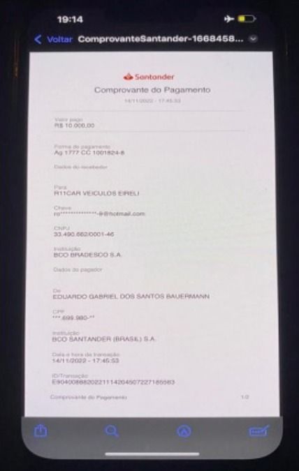 Comprovante de transferência de Bauermann para apostador no valor de R$ 10 mil / MP de Goiás