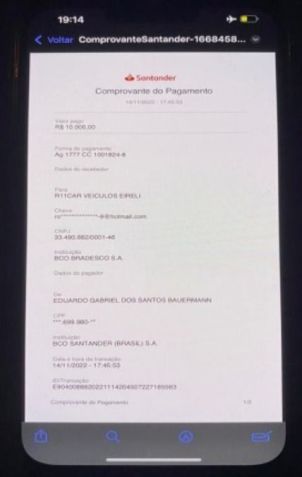Comprovante de transferência de Bauermann para apostador no valor de R$ 10 mil / MP de Goiás