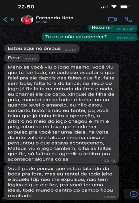 Conversa entre o jogador Fernando Neto e operador do esquema / Reprodução/Ministério Público