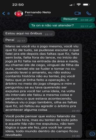 Conversa entre o jogador Fernando Neto e operador do esquema / Reprodução/Ministério Público