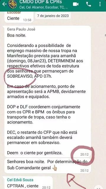 Mensagem do coronel Paulo José antes do 8 de janeiro / Reprodução