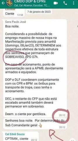 Mensagem do coronel Paulo José antes do 8 de janeiro / Reprodução