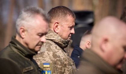 Commander in Chief of the Ukrainian armed Forces Zaluzhnyi attends pays tribute to Ukrainian servicemen killed in battle for the Moshchuk village, in Kyiv region